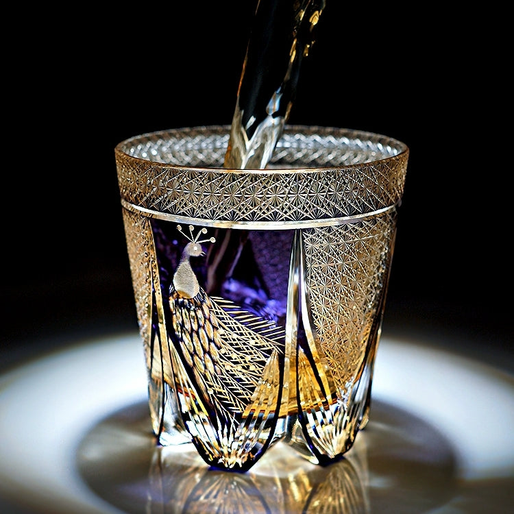 Japanese Cut Crystal Spirits Tumbler with Purple Peacock Motif & Gift Box for Whiskey Bourbon Scotch Cocktails Home Bar Drinkware Glassware