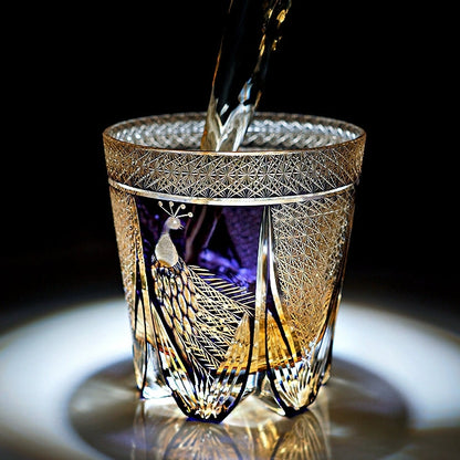 Japanese Cut Crystal Spirits Tumbler with Purple Peacock Motif & Gift Box for Whiskey Bourbon Scotch Cocktails Home Bar Drinkware Glassware