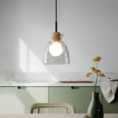 Wood & Glass Drop Light for Counter | Adjustable Height Cord Fixture with Clear Textured Shade | Nordic Style