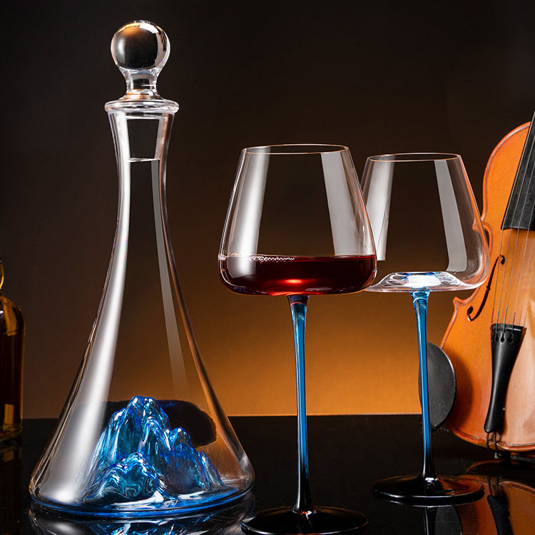 Hand-Painted Wine Glasses and Decanter Set with Cobalt Blue Accents for Burgundy and Red Wine
