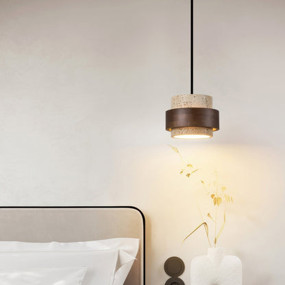 Stone & Wood Drop Ceiling Fixture 6.7 Inch Natural Travertine Hanging Light for Dining Table Kitchen Island Bedside Minimalist Adjustable Co