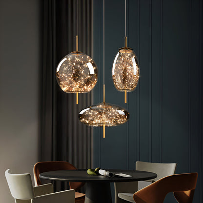 Glass Hanging Fixture with Adjustable Cord for Dining Table & Kitchen Island | Modern Suspended Light in Amber or Gray | Oval Sphere Capsule