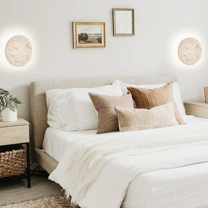 Round Stone Wall Sconce with Integrated Warm LED Light for Bedroom Hallway Living Room Modern Minimalist Travertine Fixture Indoor Ambient L