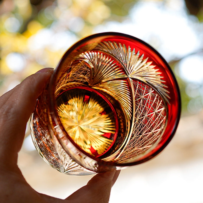 Hand-Cut Crystal Lowball Glass with Etched Crane Motif in Warm Amber Finish for Bourbon Scotch Cocktails Spirits Tasting Home Bar Display El