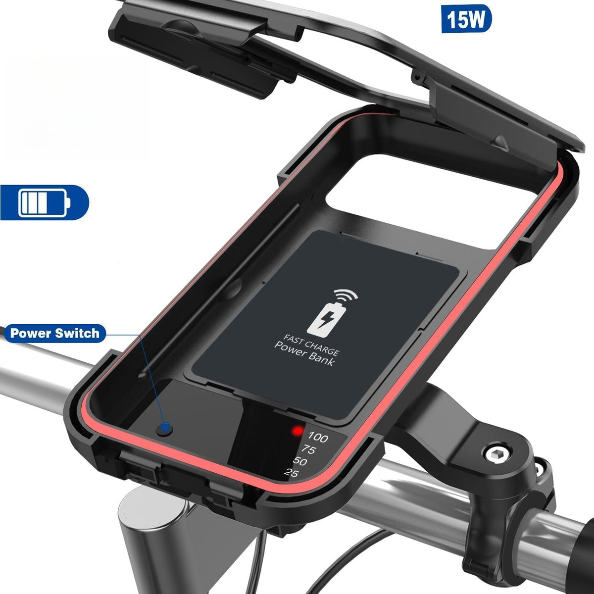 Waterproof Bike Phone Mount with Wireless Charging & 5000mAh Power Bank for E-Bikes & Motorcycles