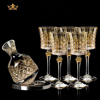 Embossed Gold Accent Wine Glass & Decanter Set with Carrying Case for Elegant Entertaining