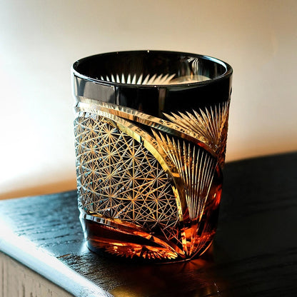 Hand-Cut Crystal Lowball Glass with Etched Crane Motif in Warm Amber Finish for Bourbon Scotch Cocktails Spirits Tasting Home Bar Display El