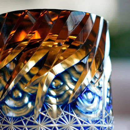 Hand-Cut Crystal Tumbler for Bourbon & Spirits, Blue-Amber Glass with Authentic Japanese Patterns, Gift-Ready Keepsake Box for Collectors