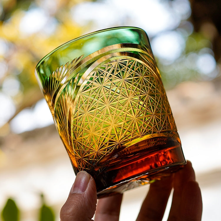 Hand-Cut Crystal Lowball Glass with Etched Crane Motif in Warm Amber Finish for Bourbon Scotch Cocktails Spirits Tasting Home Bar Display El