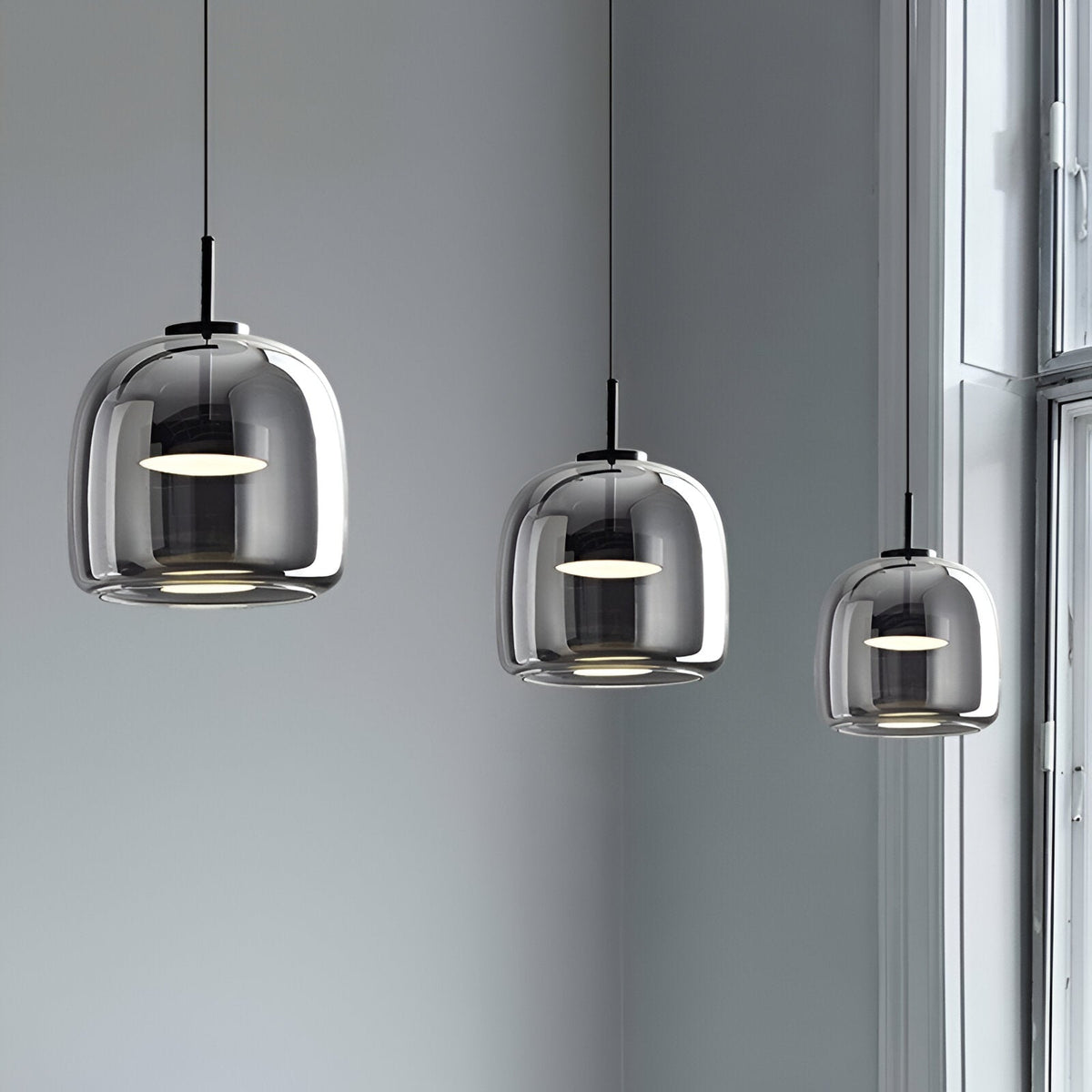 Triple Glass Dome Ceiling Light 15 in Adjustable Height for Kitchen Island Dining Room Modern Hanging Fixture Gray Smoked Finish