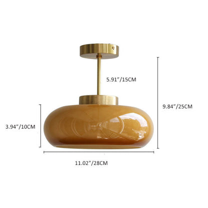 Amber Glass Semi-Flush Ceiling Light with Antique Gold Finish for Bedroom & Living Room - 11 Inch Single-Bulb Hardwired Fixture