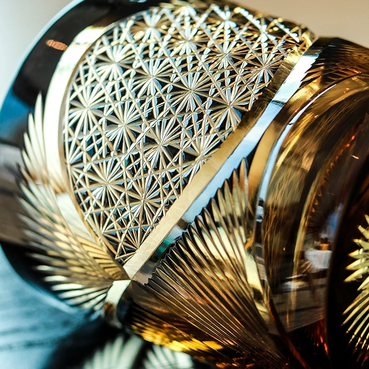 Hand-Cut Crystal Lowball Glass with Etched Crane Motif in Warm Amber Finish for Bourbon Scotch Cocktails Spirits Tasting Home Bar Display El