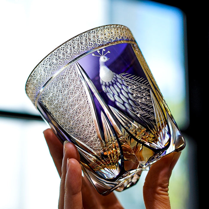 Japanese Cut Crystal Spirits Tumbler with Purple Peacock Motif & Gift Box for Whiskey Bourbon Scotch Cocktails Home Bar Drinkware Glassware