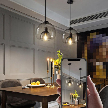 Hand-Blown Gray Glass Dome Ceiling Fixture for Dining Room & Kitchen | Modern Single-Bulb Hanging Lamp | UL-Listed Adjustable Cord Light