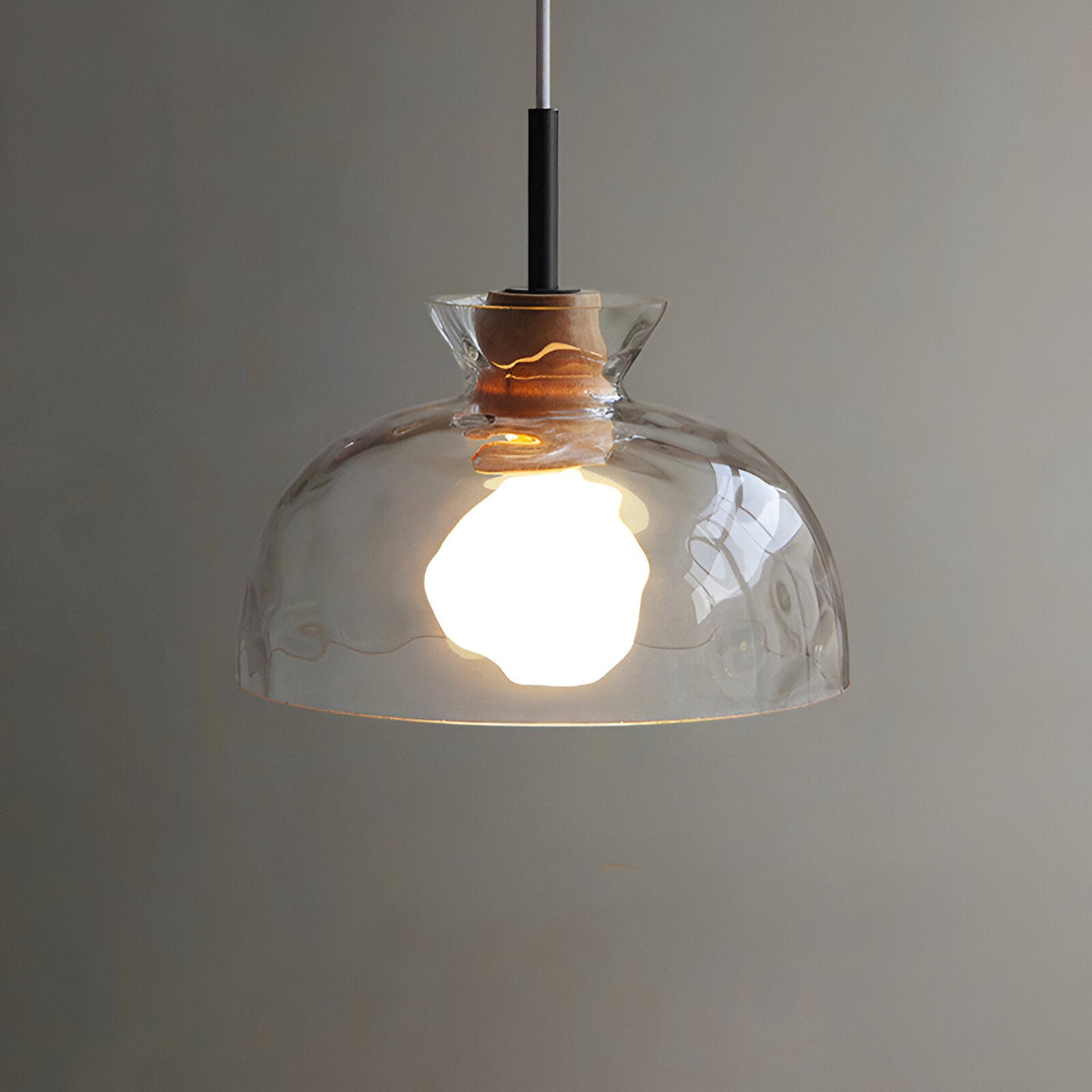 Wood & Glass Drop Light for Counter | Adjustable Height Cord Fixture with Clear Textured Shade | Nordic Style