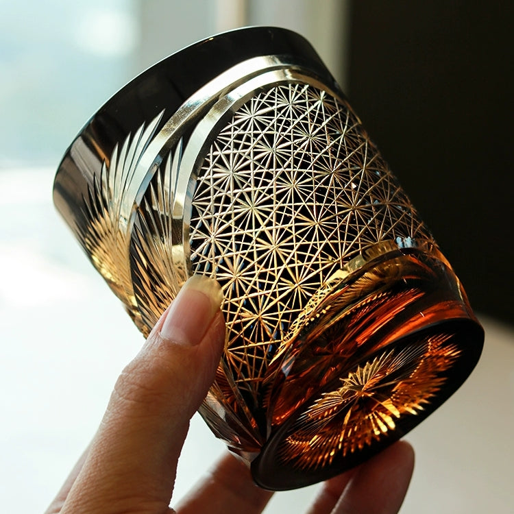 Japanese Cut Crystal Whisky Tumbler with Gift Box | Traditional Etched Pattern | Amber Colored Spirit Glass for Bourbon & Scotch | Artisan B