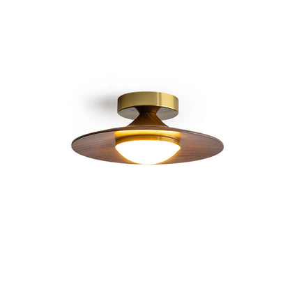Flush Mount Light Fixture with Wood Accent 9 in Diameter LED for Kitchen Dining Room Entryway Hallway Low Profile Gold Metal Frame Walnut Fi