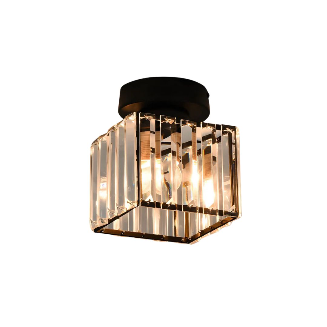 Decorative Flush Mount Light Fixture with Glass Cube and Metal Accents E27 Socket for Entryway Bedroom Small Room Ambient Overhead Lighting