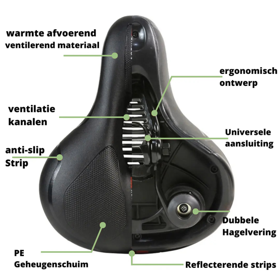 Memory Foam Bike Seat with Dual Suspension for Road, Mountain & City Bikes – Padded Comfort Saddle with Reflective Strips & Honeycomb Grip