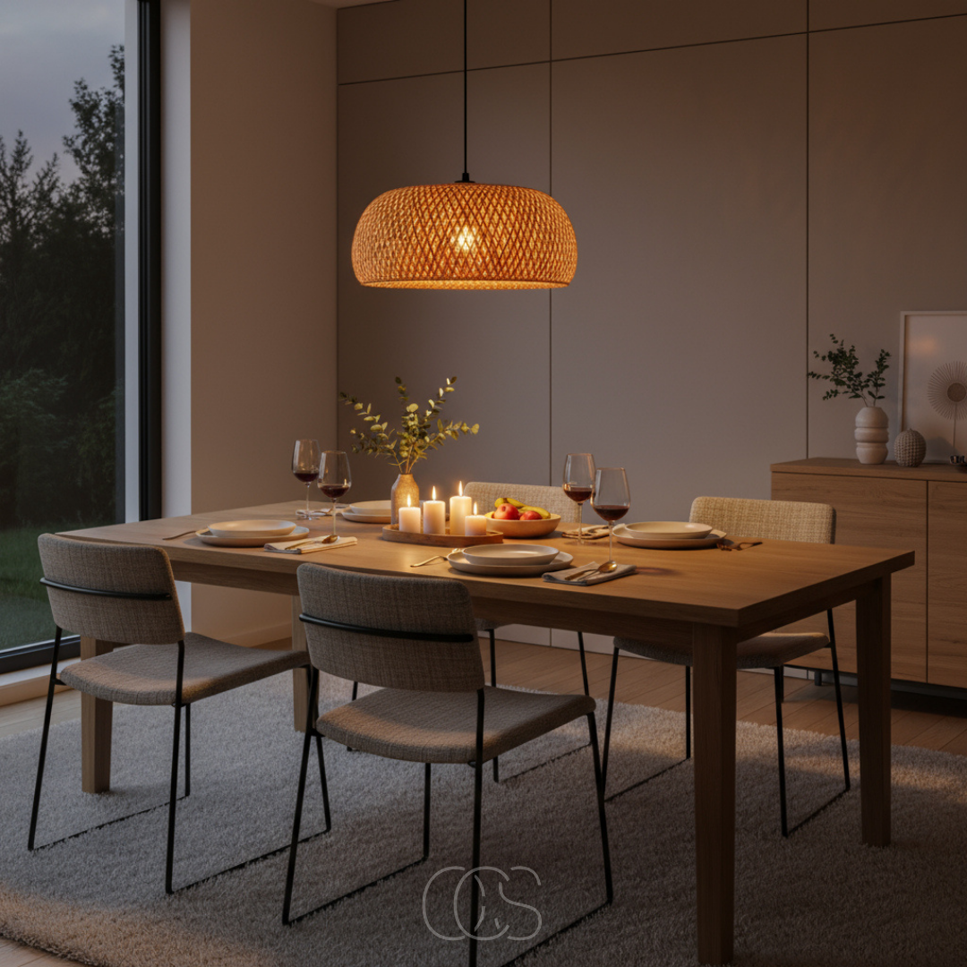 Woven Bamboo Pendant Light with Open Weave Shade – Adjustable Hanging Fixture for Dining Room, Kitchen Island & Entryway