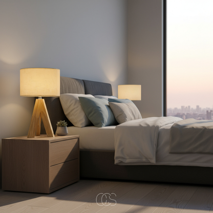 Compact Wood Table Lamp with Fabric Shade for Bedside, Dresser & Living Room | Warm Ambient Light | E14 Socket | Modern Minimalist Style