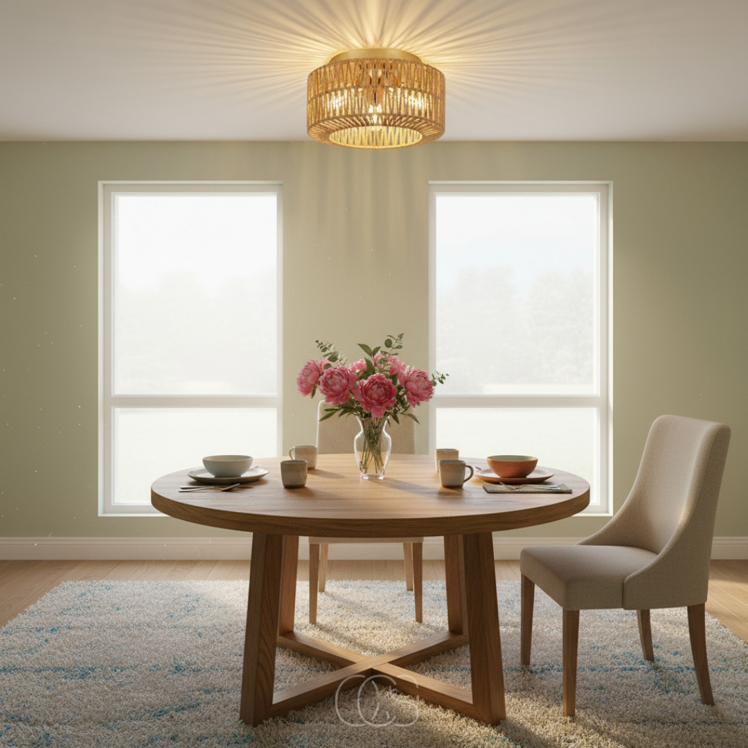 Handwoven Rattan Ceiling Light with 3-Color Temperature LED | Boho Flush Mount Pendant Lamp for Bedroom, Dining Room & Living Room