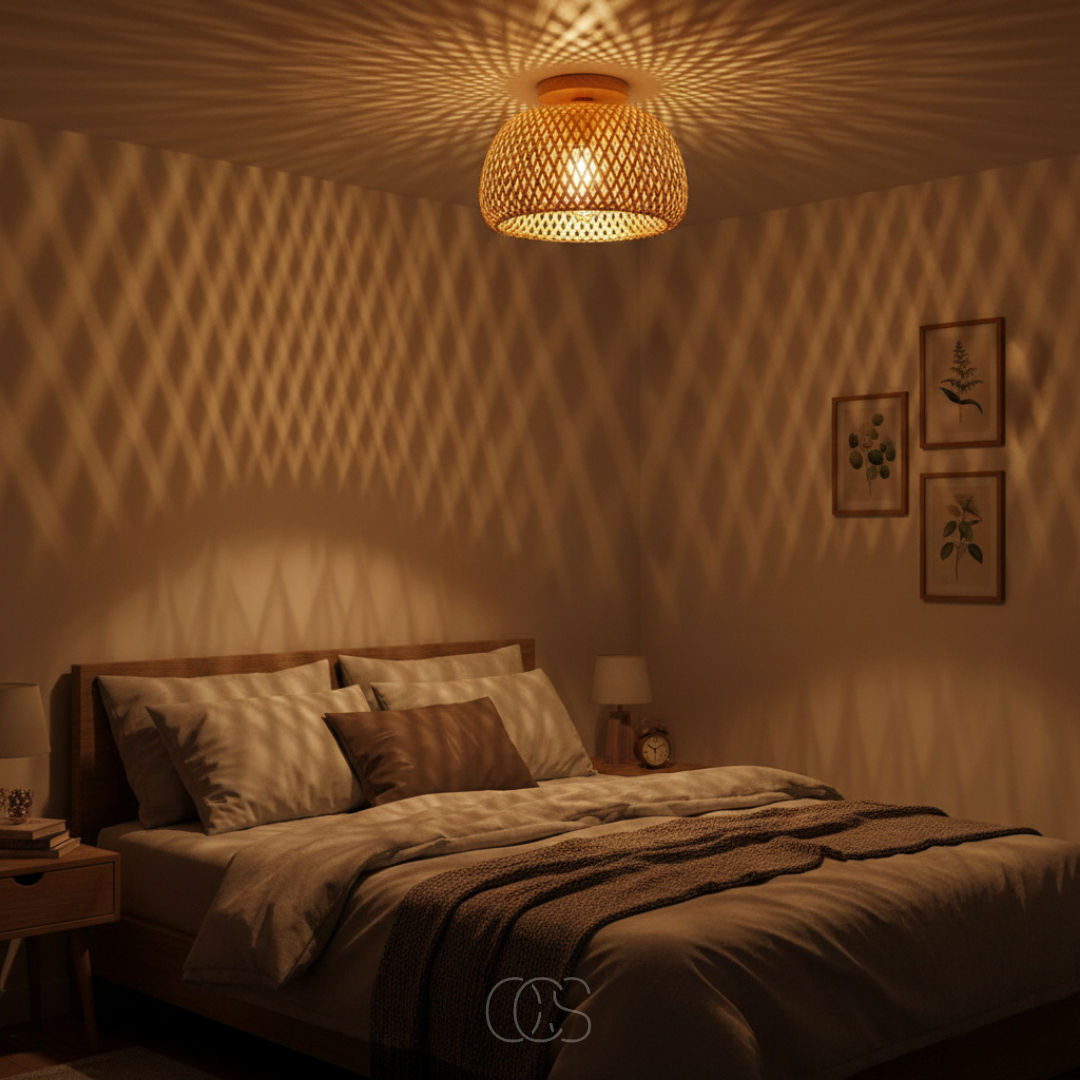 Woven Rattan Flush Mount Ceiling Light Fixture 12 inch Natural Boho Semi-Flush Lamp for Bedroom Hallway Living Room Handwoven Rustic