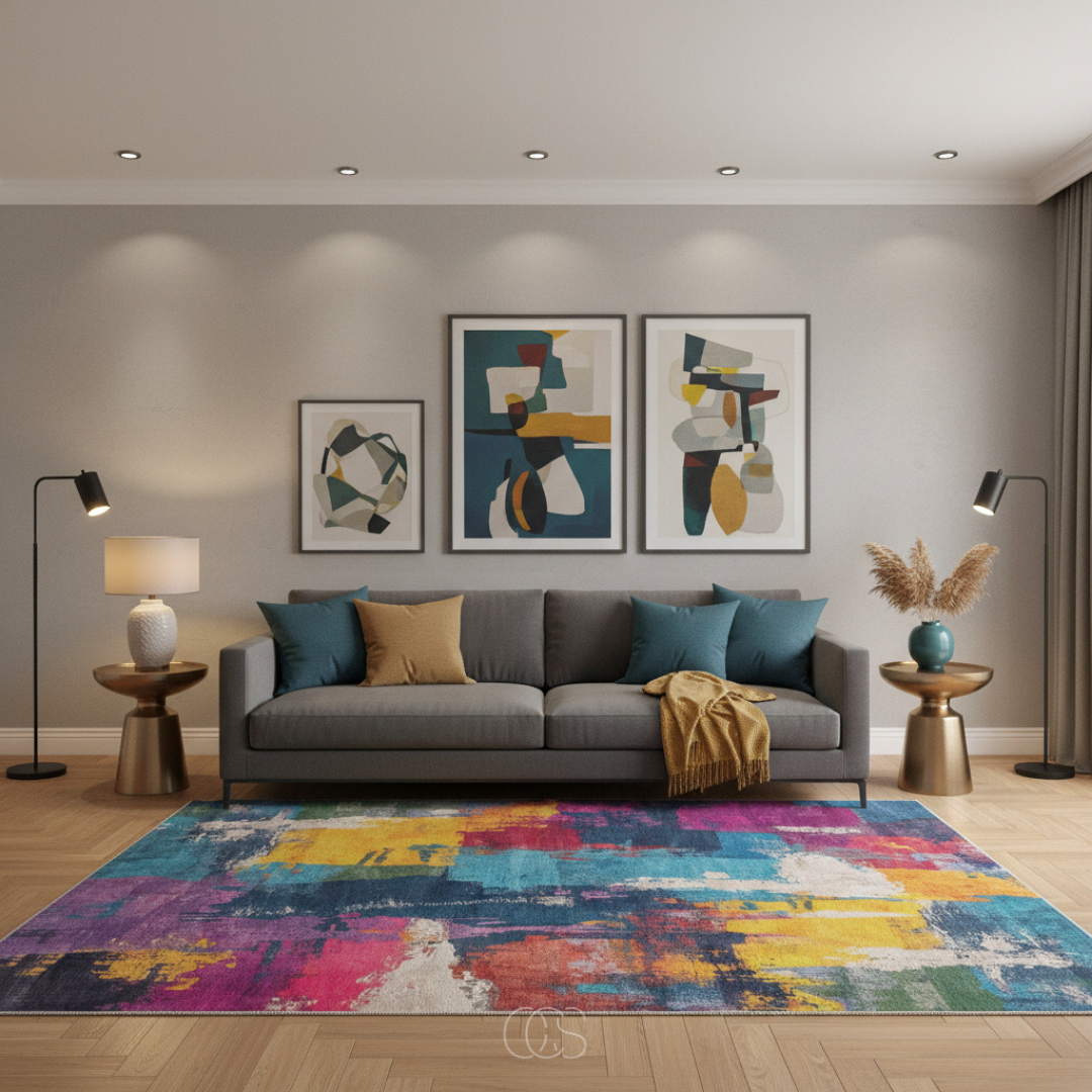 Multicolor Abstract Area Rug 6.6x7.5 ft Low-Pile Polyester Marble Wave Living Room Dining Room Bedroom Rug Soft Chenille Woven Modern