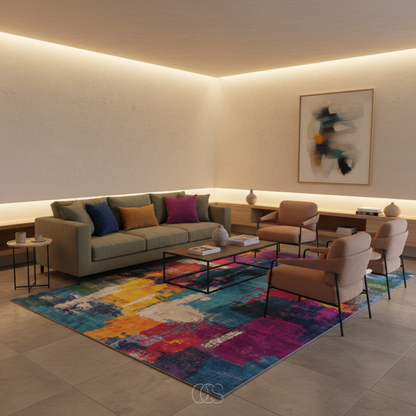 Multicolor Abstract Area Rug 6.6x7.5 ft Low-Pile Polyester Marble Wave Living Room Dining Room Bedroom Rug Soft Chenille Woven Modern