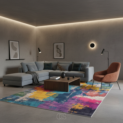 Multicolor Abstract Area Rug 6.6x7.5 ft Low-Pile Polyester Marble Wave Living Room Dining Room Bedroom Rug Soft Chenille Woven Modern
