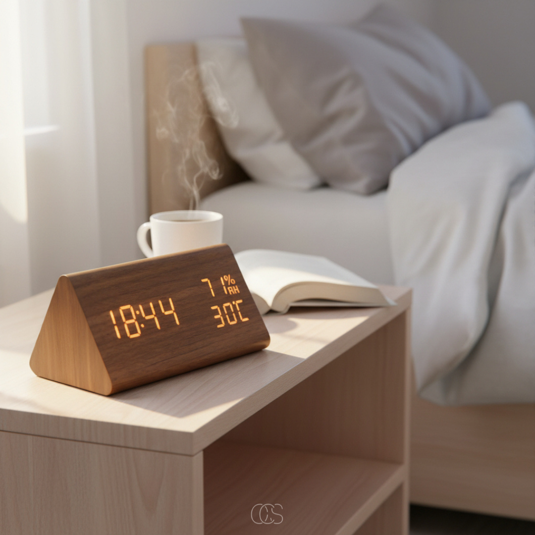Digital Wooden Alarm Clock with Temperature & Humidity Display — 7-Level Dimming LED, Sound-Activated Screen, USB Charging Ports — Bedroom