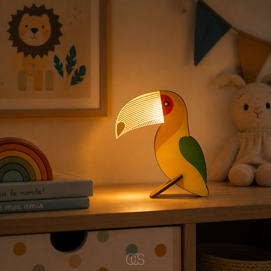 Lampe de table LED en bois pour chambre d'enfant et table de chevet, motifs baleine, toucan et pélican