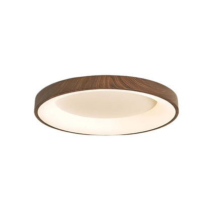 Round Flush Mount LED Fixture 14 in Wood Grain Acrylic Iron Low Profile for Bedroom Hallway Kitchen Entry Modern Scandinavian