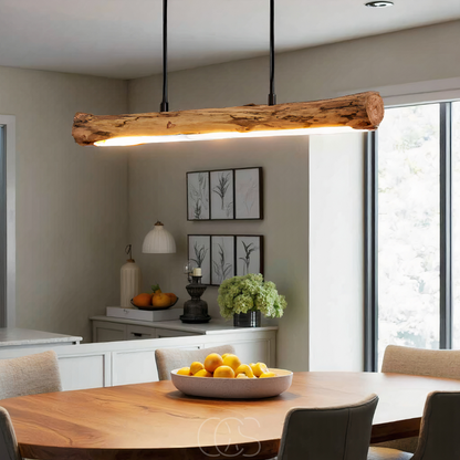 Linear Wood Beam Suspended Light Fixture 31 Inch Natural Finish Dimmable LED Bar Over Island Dining Room Kitchen Adjustable Drop Height Rust