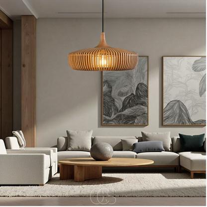 Wooden Pendant Light Fixture for Dining Room with Warm Glow – Scandinavian Minimalist Hanging Ceiling Lamp