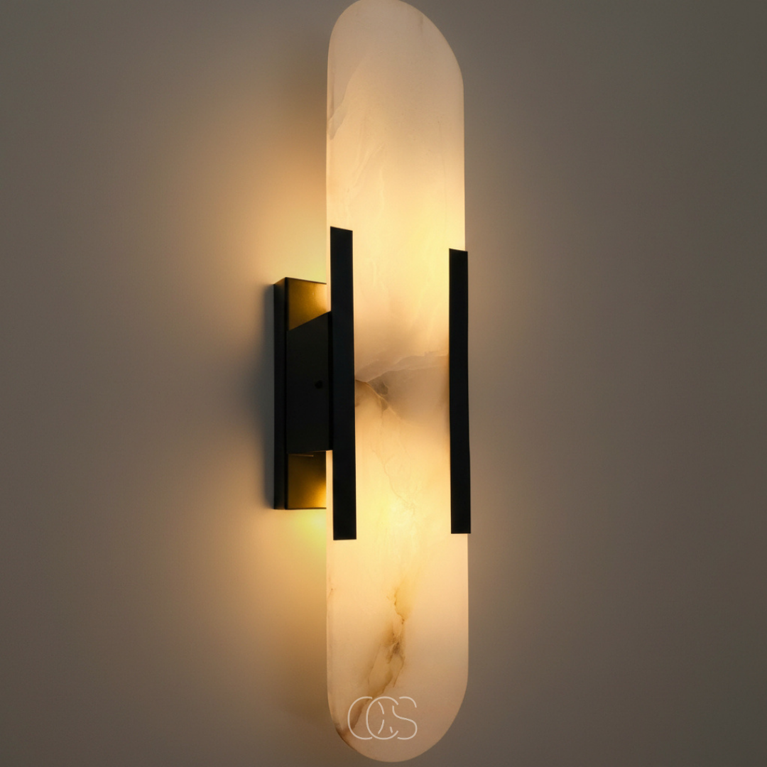 Marble Wall Sconce with Brass Finish - Modern Accent Light for Living Room, Bedroom, Hallway - Natural Stone Texture Ambient Lighting - G9