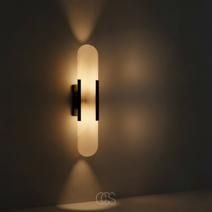 Marble Wall Sconce with Brass Finish - Modern Accent Light for Living Room, Bedroom, Hallway - Natural Stone Texture Ambient Lighting - G9
