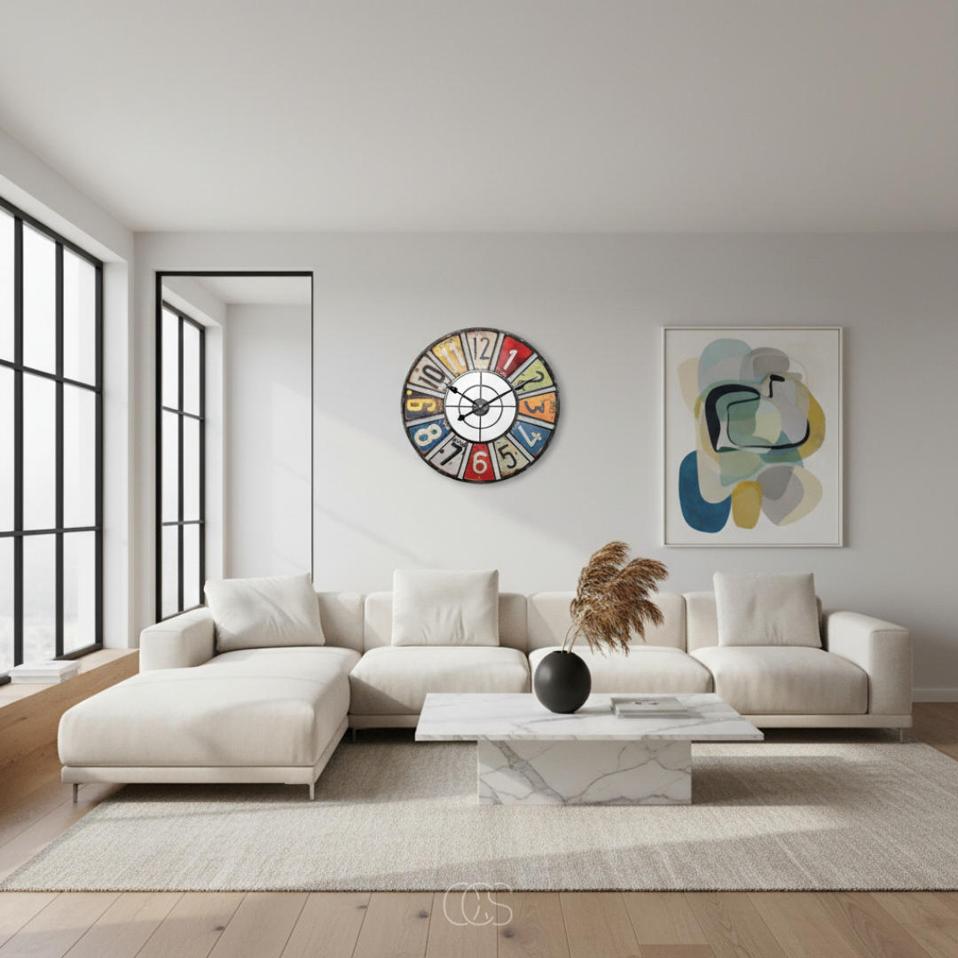 Vintage Industrial Wall Clock with Colorful Number Plates – 24 Inch Retro Metal Clock for Indoor & Outdoor – Silent Quartz Movement