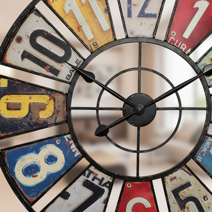 Vintage Industrial Wall Clock with Colorful Number Plates – 24 Inch Retro Metal Clock for Indoor & Outdoor – Silent Quartz Movement
