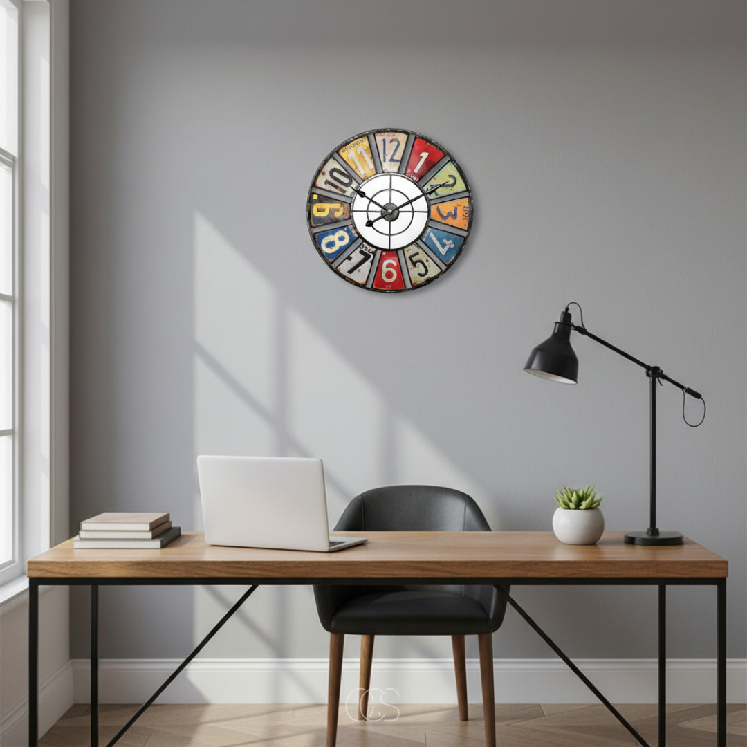 Vintage Industrial Wall Clock with Colorful Number Plates – 24 Inch Retro Metal Clock for Indoor & Outdoor – Silent Quartz Movement