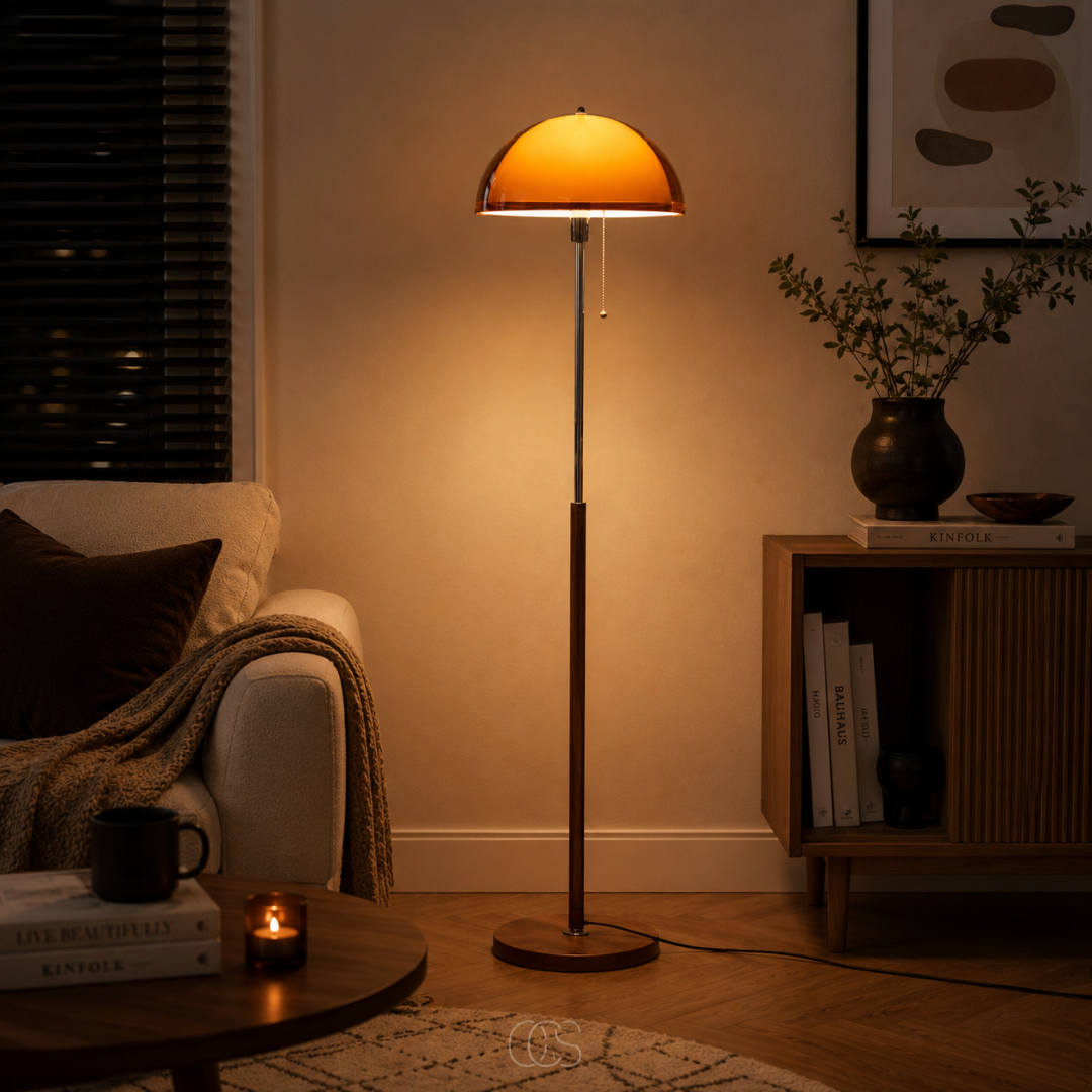Lampadaire champignon avec tirette – Forme dôme rétro avec base en bois et tige chromée pour salon et chambre