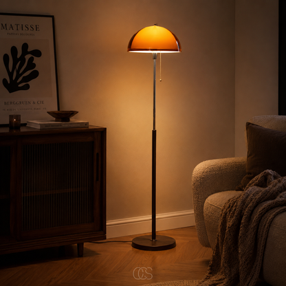 Lampadaire champignon avec tirette – Forme dôme rétro avec base en bois et tige chromée pour salon et chambre