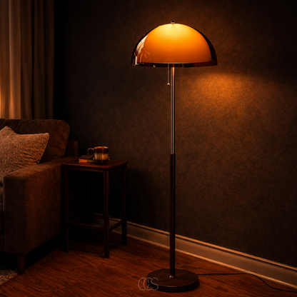 Lampadaire champignon avec tirette – Forme dôme rétro avec base en bois et tige chromée pour salon et chambre