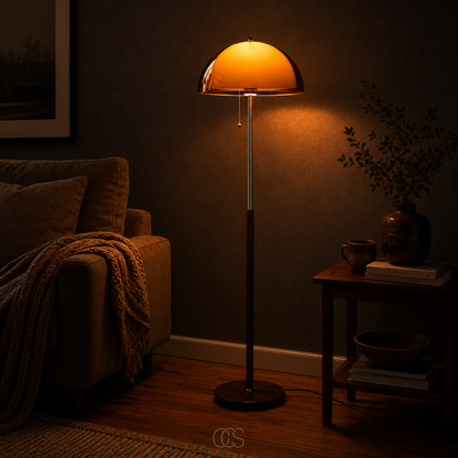 Lampadaire champignon avec tirette – Forme dôme rétro avec base en bois et tige chromée pour salon et chambre