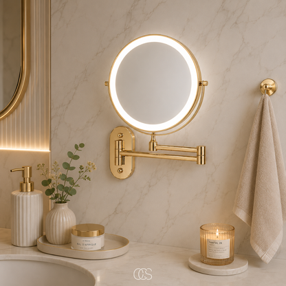 Rechargeable LED Lighted Vanity Mirror Wall Mount with Magnification & 360° Swivel Arm for Makeup Application & Skincare Routines