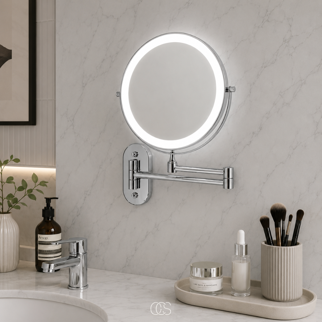 Rechargeable LED Lighted Vanity Mirror Wall Mount with Magnification & 360° Swivel Arm for Makeup Application & Skincare Routines