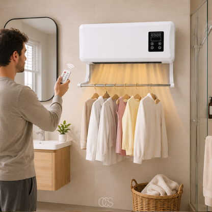 Wall-Mounted Heater Fan with Built-In Clothes Drying Rack & Remote Control for Bathroom Bedroom