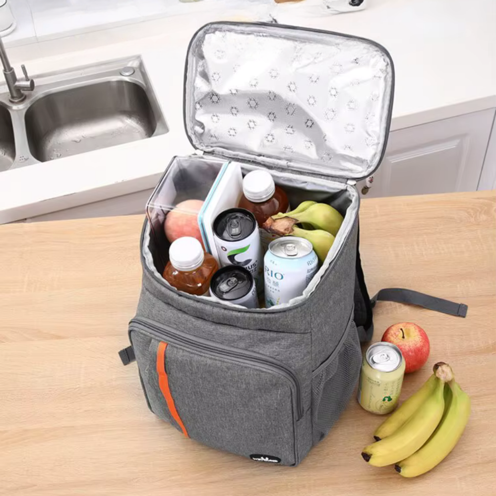 Insulated Backpack Cooler 30L Gray Leak-Proof Food Beverage Storage Padded Shoulder Straps Outdoor Hiking Fishing Camping Beach Picnic Day T