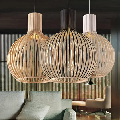 Slatted Wooden Drum Pendant Light E27 Socket Natural Finish Cage Ceiling Fixture for Kitchen Island Entryway Bedroom Farmhouse Modern Rustic