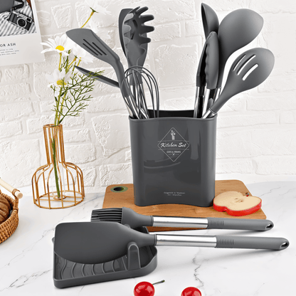 12-Piece Silicone Kitchen Utensil Set with Stainless Steel Handles & Holder for Cooking, Baking & Serving